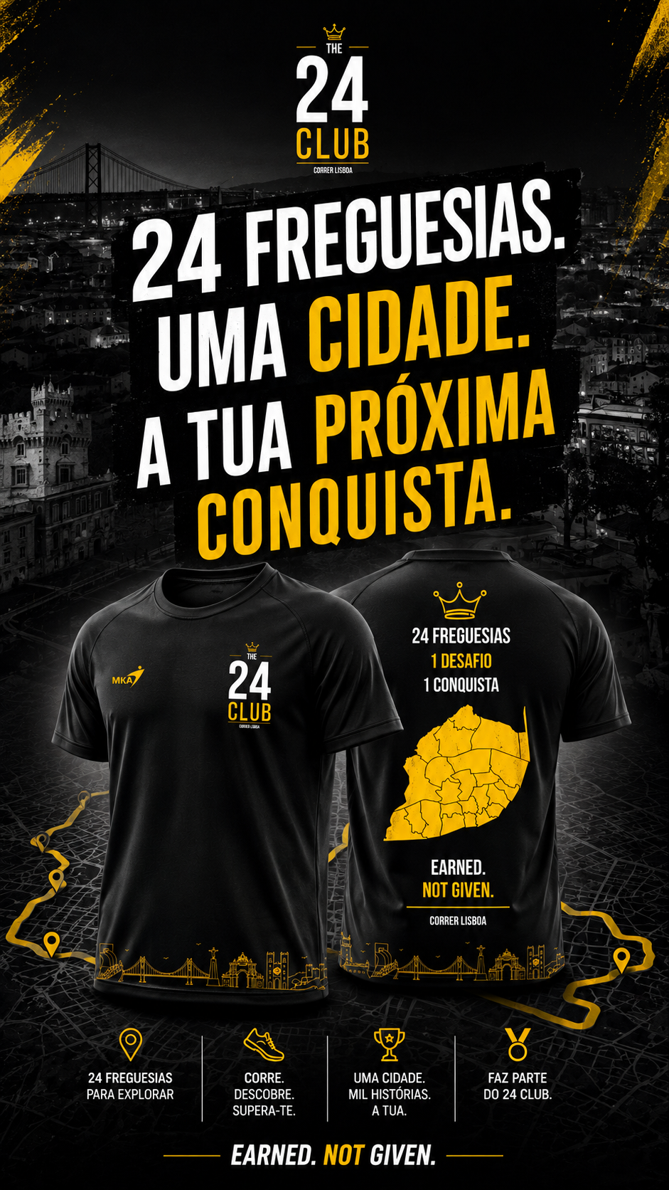 Campanha da T-shirt oficial preta The 24 Club com Lisboa
